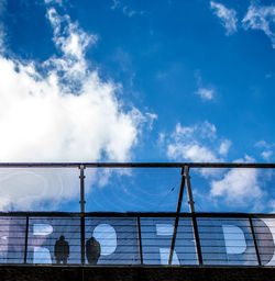 Low angle view of fence against blue sky