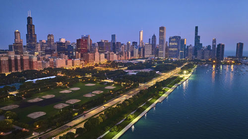 High angle view of city at waterfront