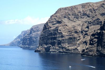 Scenic view of sea and mountains against sky