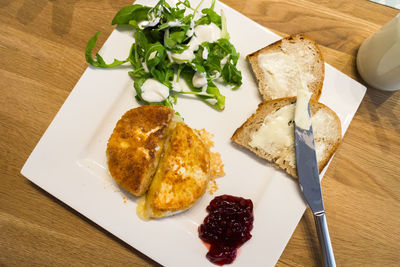 High angle view of breakfast served in plate