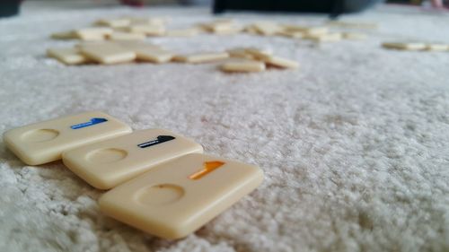 Close-up of toy blocks on rug at home