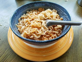 High angle view of noodles in bowl on table