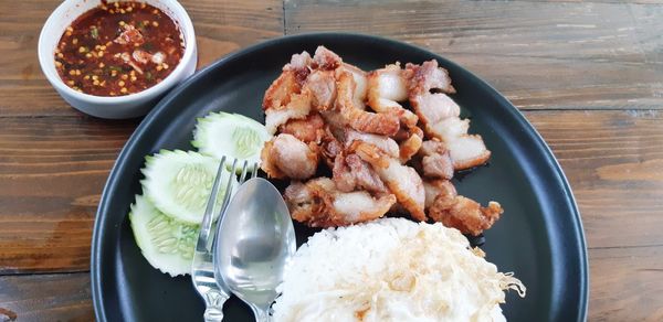 High angle view of food served on table