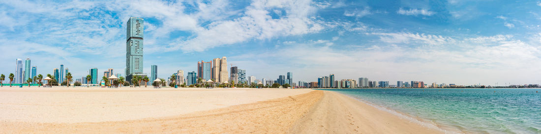 Al mamzar beach panorama, border of the emirate of sharjah and the emirate of dubai