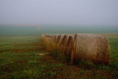 Hay bales on field against sky