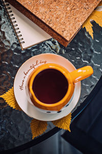 High angle view of coffee on table