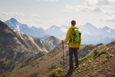 Hiker on hiker near the summit of mt. brewer in the purcell mountains