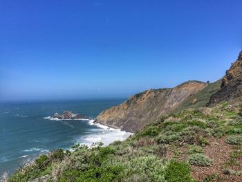 Scenic view of sea against clear blue sky