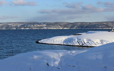 Close-up of ice floating on sea against sky