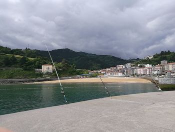 View of river and buildings against cloudy sky