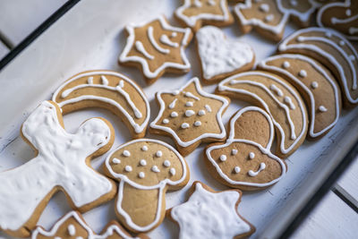 High angle view of cookies on table