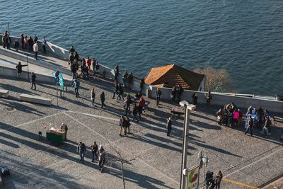 High angle view of people at seaside city