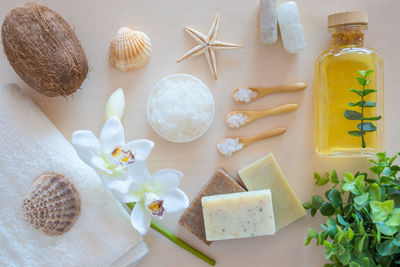 High angle view of beauty products on table