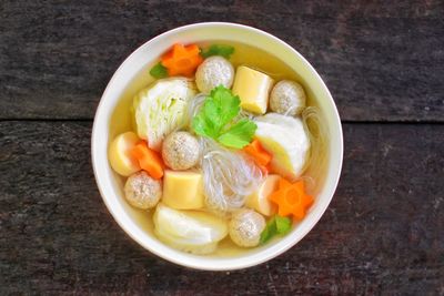 High angle view of food in bowl on table