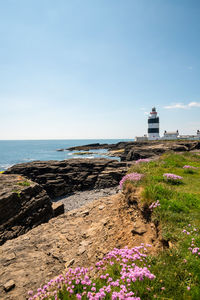 Scenic view of beach by sea against sky