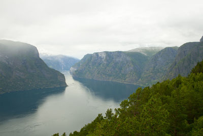 Scenic view of river amidst mountains against sky