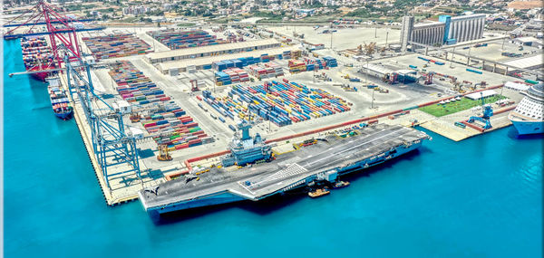 High angle view of boats at harbor