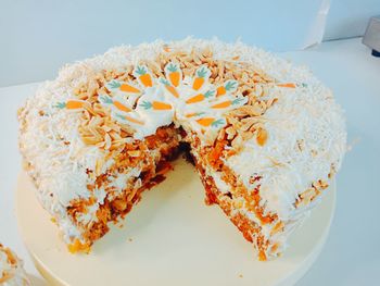 High angle view of cake in plate on table