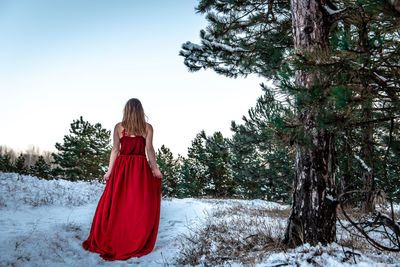 Rear view of woman on snow covered field