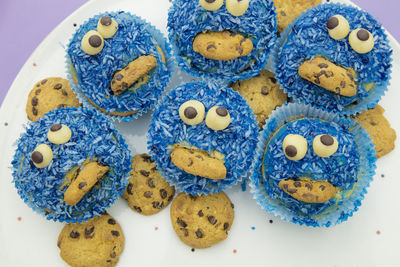 High angle view of cookies in plate on table