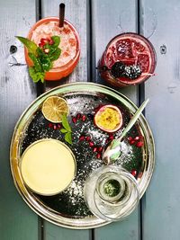 High angle view of fruits served on table