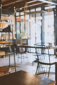 Interior of the restaurant cafe with transparent glass walls. empty coworking space.  background