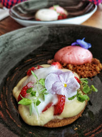 High angle view of dessert in plate on table