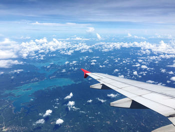 Aerial view of airplane flying in sky