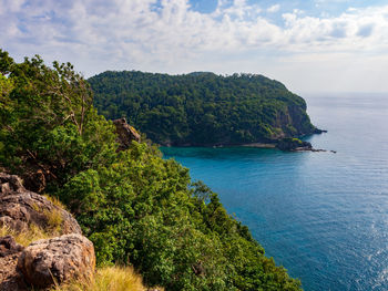 Scenic view of bay against sky