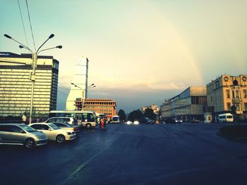 High angle view of city street at sunset