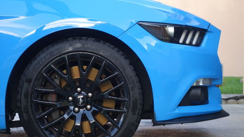 Close-up of blue car wheel