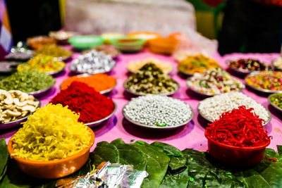 Close-up of multi colored vegetables for sale in market