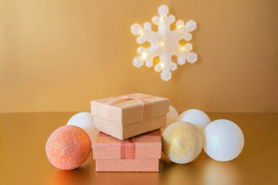 Close-up of christmas decorations on table