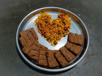 High angle view of food in plate on table