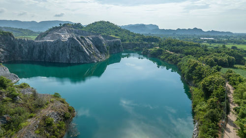 Scenic view of lake and mountains against sky