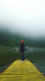 Rear view of man standing on water