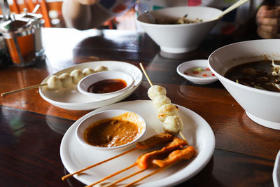 High angle view of meal served on table