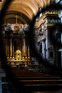 Interior of illuminated temple building