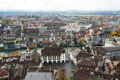 High angle view of cityscape against sky