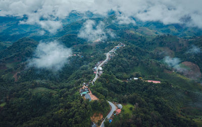 High angle view of trees on landscape against sky