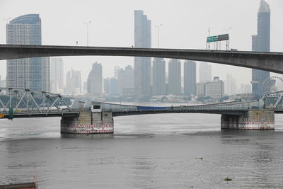 Bridge over river with city in background