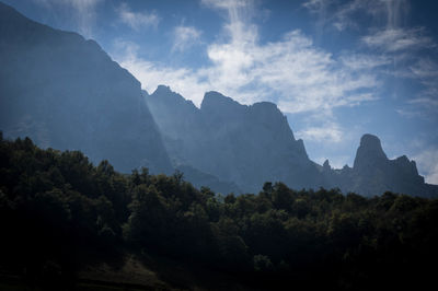 Scenic view of mountains against cloudy sky