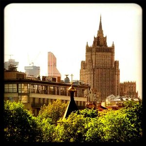 View of buildings against clear sky