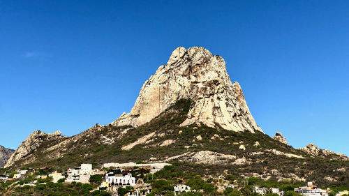 Low angle view of building against mountain range against clear blue sky