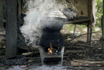 Young man with dog on barbecue grill