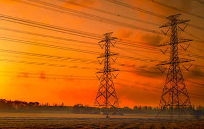 High voltage electric pylon and electrical wire with sunset sky. electricity poles. power and energy