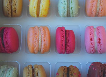 High angle view of multi colored candies in box