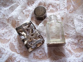 High angle view of bottles on table