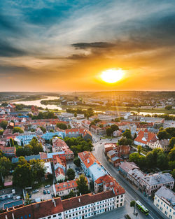 High angle view of townscape against sky during sunset