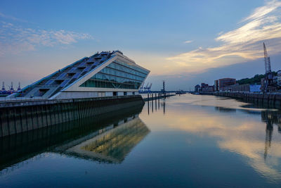 Building by river against sky during sunset